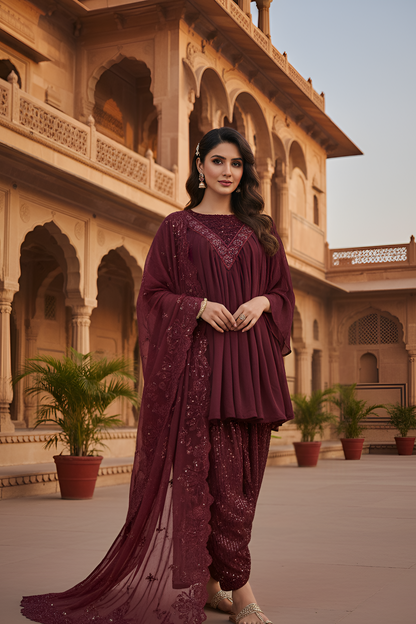 MAHIRA|3-PIECE CHIFFON EMBROIDERED FROCK MMG-1064
