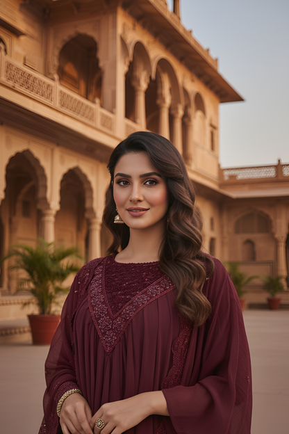 MAHIRA|3-PIECE CHIFFON EMBROIDERED FROCK MMG-1064