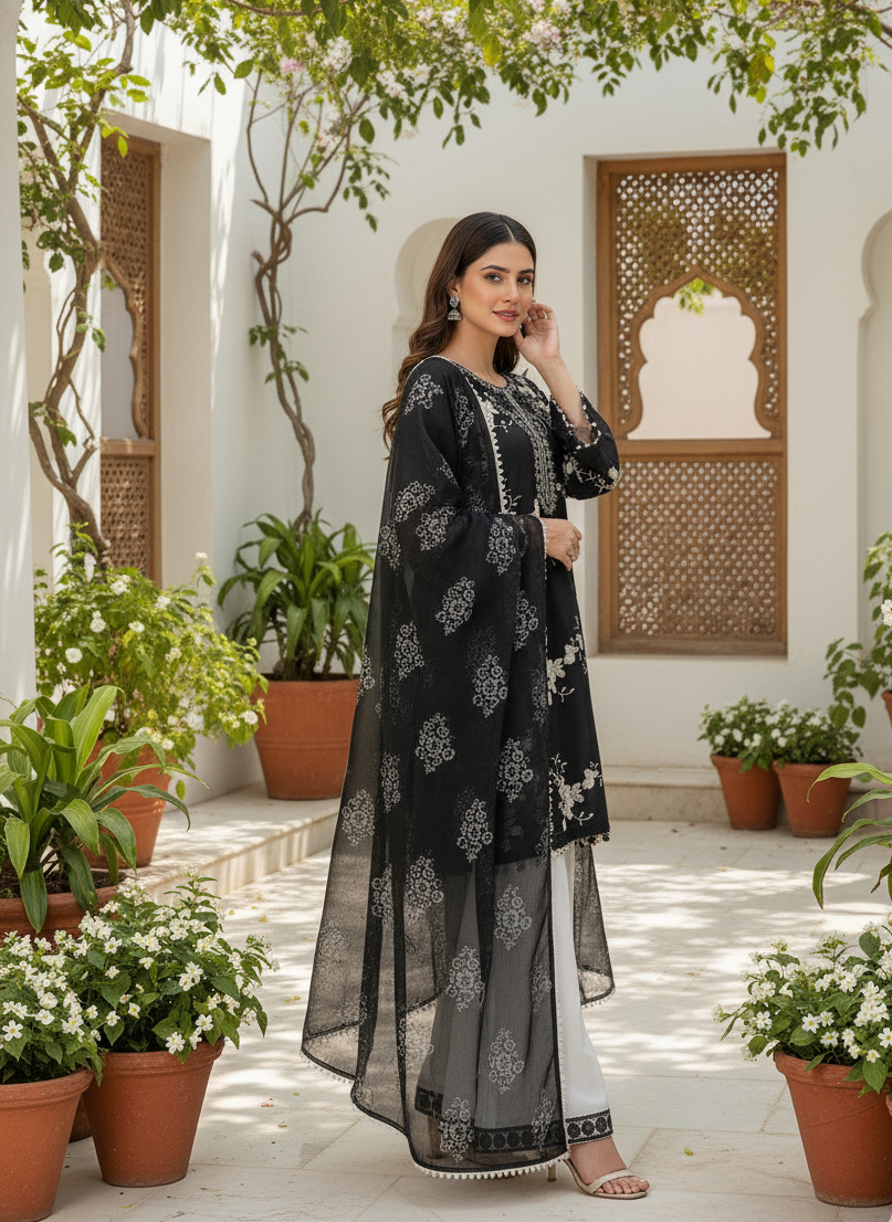 NOOR E SIYAH|3-PIECE CHIFFON NET EMBROIDERED KURTA SET MMG-957