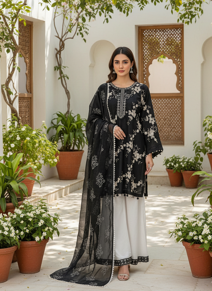 NOOR E SIYAH|3-PIECE CHIFFON NET EMBROIDERED KURTA SET MMG-957