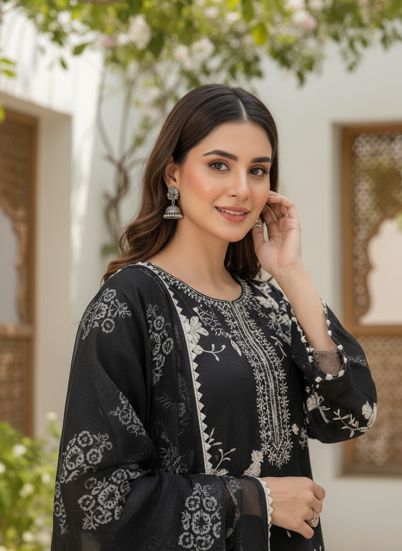 NOOR E SIYAH|3-PIECE CHIFFON NET EMBROIDERED KURTA SET MMG-957