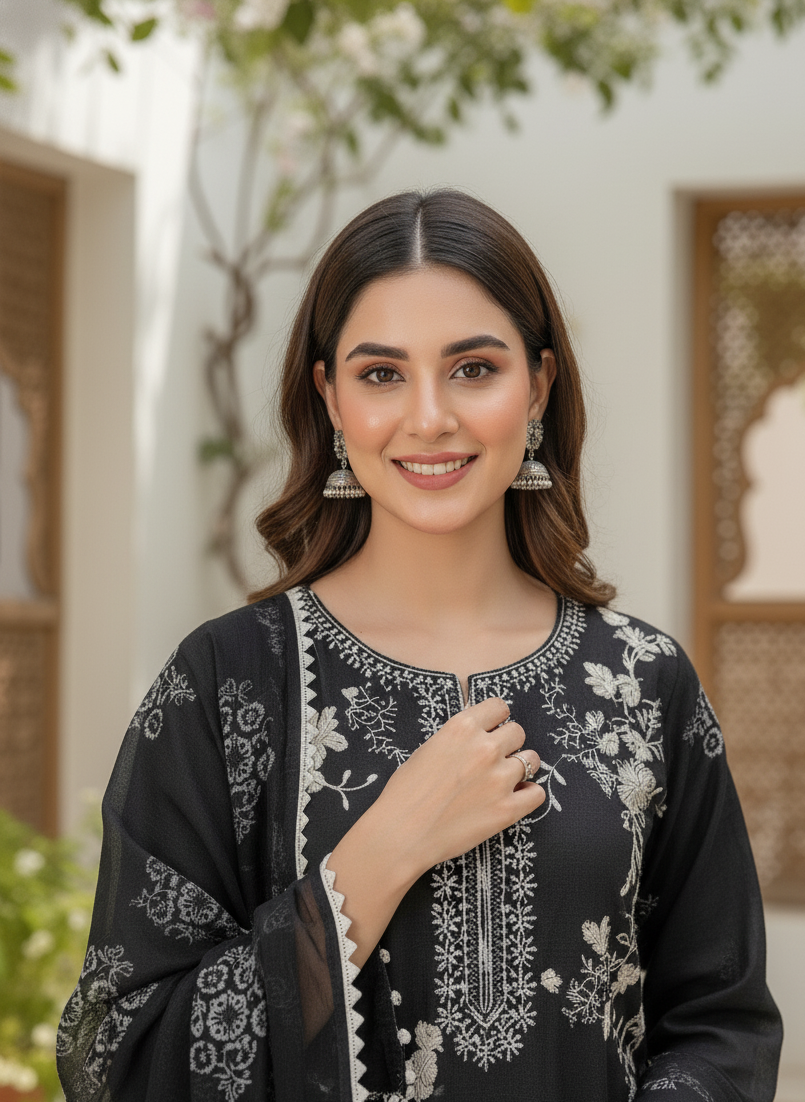 NOOR E SIYAH|3-PIECE CHIFFON NET EMBROIDERED KURTA SET MMG-957