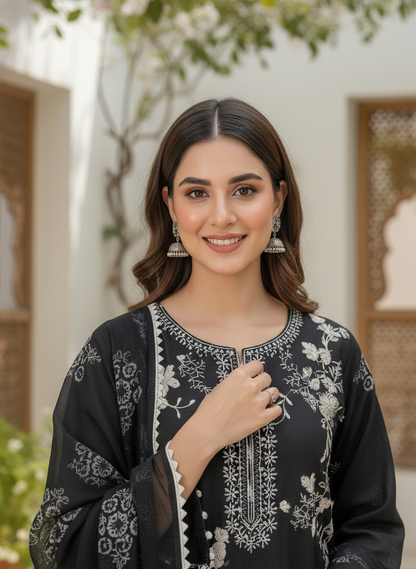 NOOR E SIYAH|3-PIECE CHIFFON NET EMBROIDERED KURTA SET MMG-957
