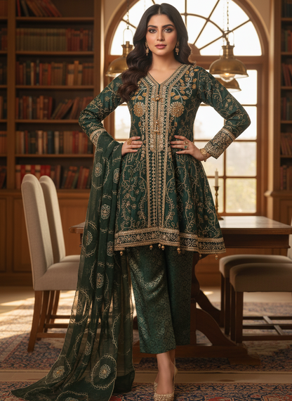 NOOR E CHASHAM|3-PIECE CHIFFON EMBROIDERED BACKTAIL FROCK GREEN MMG-825
