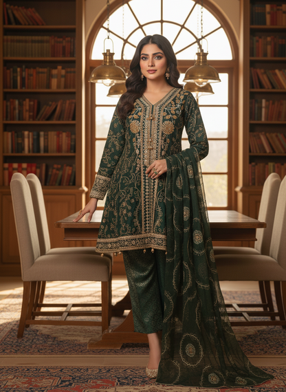 NOOR E CHASHAM|3-PIECE CHIFFON EMBROIDERED BACKTAIL FROCK GREEN MMG-825
