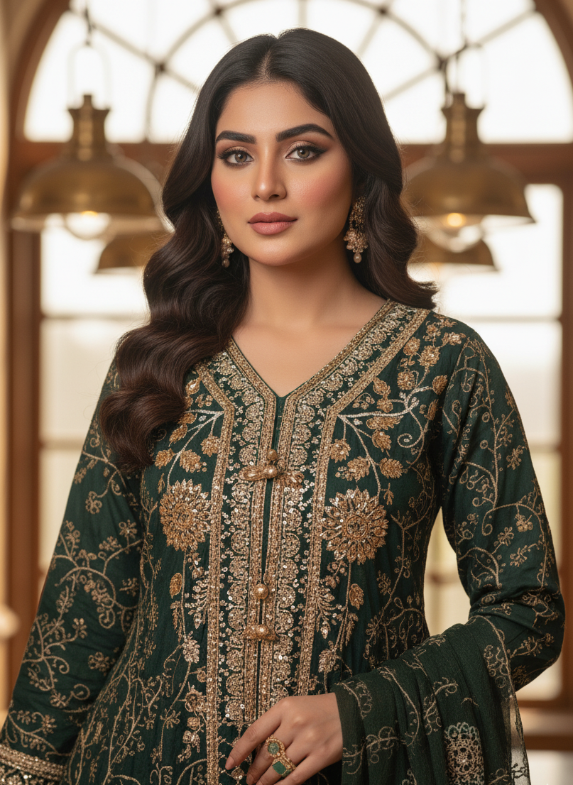 NOOR E CHASHAM|3-PIECE CHIFFON EMBROIDERED BACKTAIL FROCK GREEN MMG-825