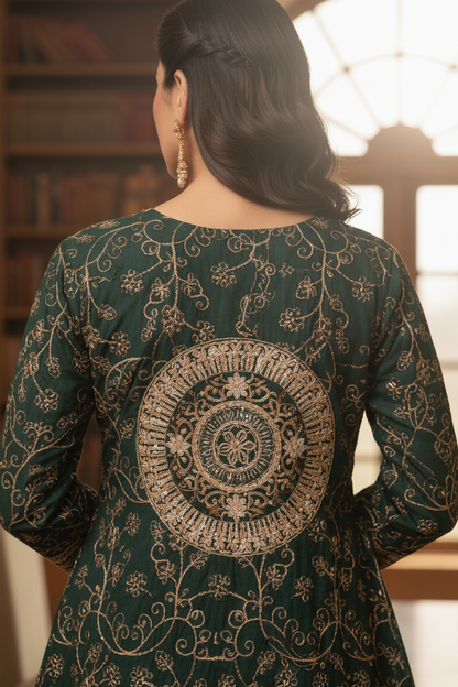 NOOR E CHASHAM|3-PIECE CHIFFON EMBROIDERED BACKTAIL FROCK GREEN MMG-825