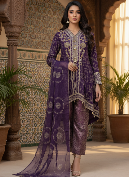 NOOR E CHASHAM|3-PIECE CHIFFON EMBROIDERED BACKTAIL FROCK PURPLE MMG-825
