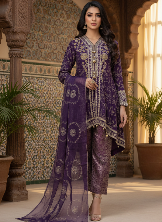 NOOR E CHASHAM|3-PIECE CHIFFON EMBROIDERED BACKTAIL FROCK PURPLE MMG-825