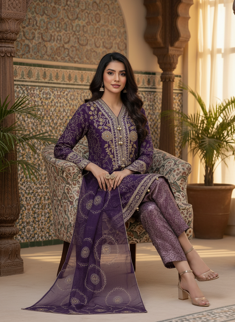 NOOR E CHASHAM|3-PIECE CHIFFON EMBROIDERED BACKTAIL FROCK PURPLE MMG-825