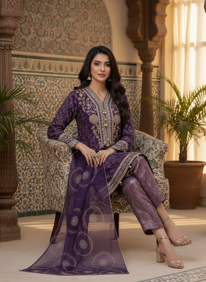NOOR E CHASHAM|3-PIECE CHIFFON EMBROIDERED BACKTAIL FROCK PURPLE MMG-825