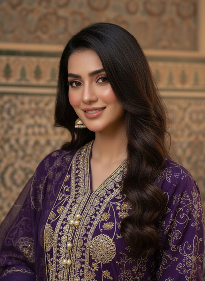 NOOR E CHASHAM|3-PIECE CHIFFON EMBROIDERED BACKTAIL FROCK PURPLE MMG-825