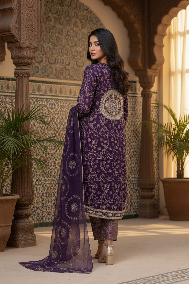 NOOR E CHASHAM|3-PIECE CHIFFON EMBROIDERED BACKTAIL FROCK PURPLE MMG-825