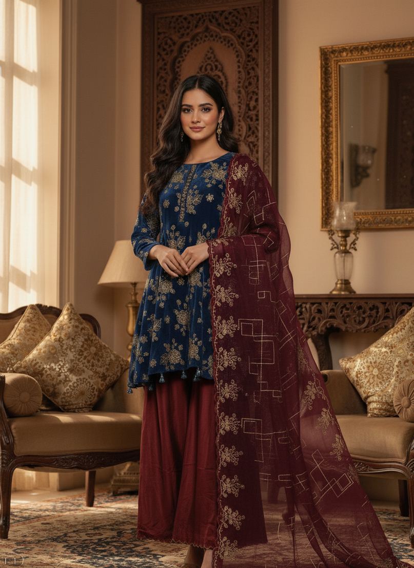 SHEHNAI|VELVET EMBROIDERED D-FROCK