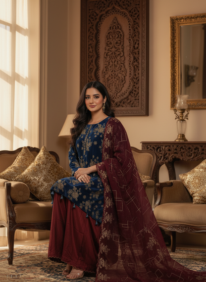 SHEHNAI|VELVET EMBROIDERED D-FROCK