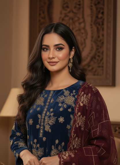 SHEHNAI|VELVET EMBROIDERED D-FROCK