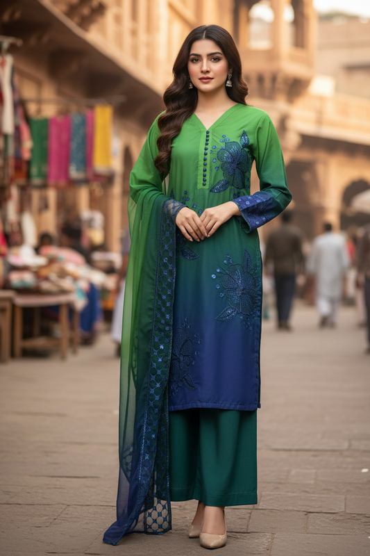 DOUBLE SHADED DIGITAL PRINTED EMBRODIERED KURTA SET MMG-1088