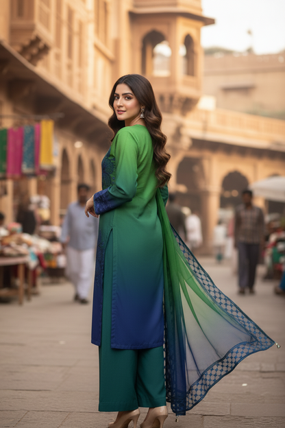 DOUBLE SHADED DIGITAL PRINTED EMBRODIERED KURTA SET MMG-1088