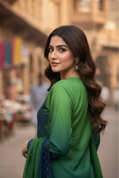 DOUBLE SHADED DIGITAL PRINTED EMBRODIERED KURTA SET MMG-1088