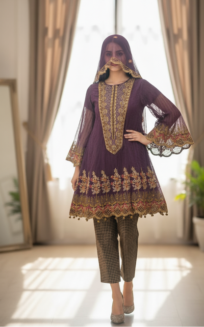 MEHR E HAYA|3-PIECE CHAMAK ORGANZA NET EMBROIDERED FROCK