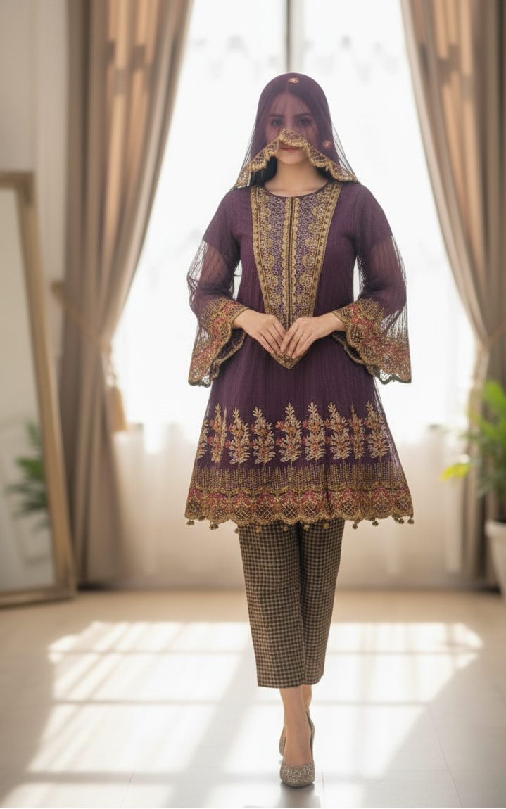 MEHR E HAYA|3-PIECE CHAMAK ORGANZA NET EMBROIDERED FROCK