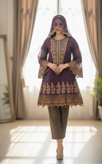 MEHR E HAYA|3-PIECE CHAMAK ORGANZA NET EMBROIDERED FROCK