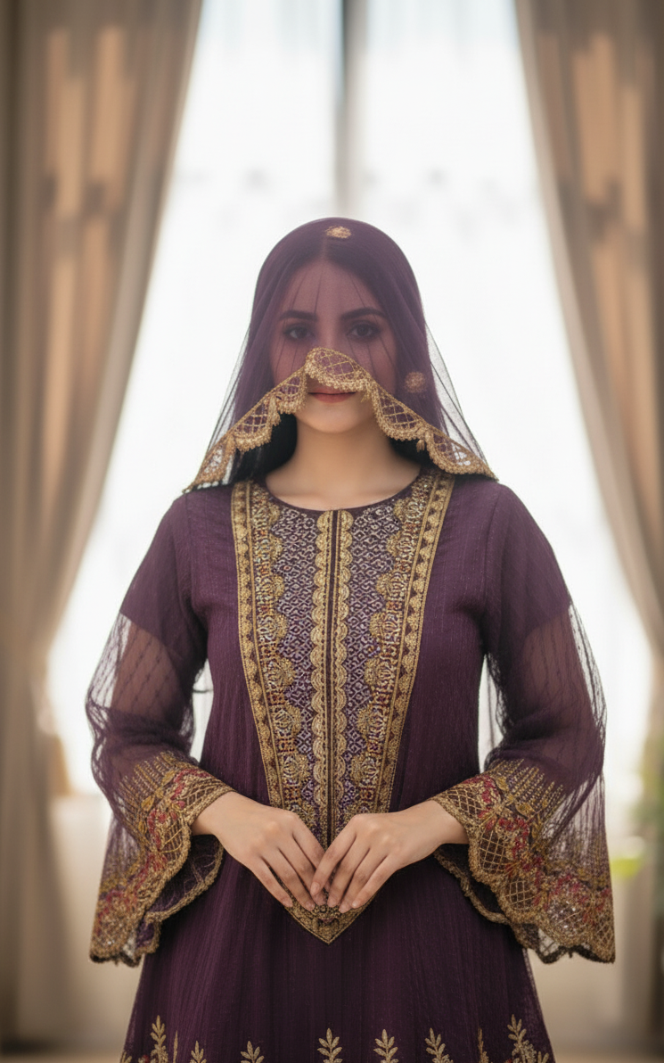 MEHR E HAYA|3-PIECE CHAMAK ORGANZA NET EMBROIDERED FROCK