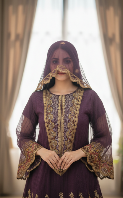 MEHR E HAYA|3-PIECE CHAMAK ORGANZA NET EMBROIDERED FROCK