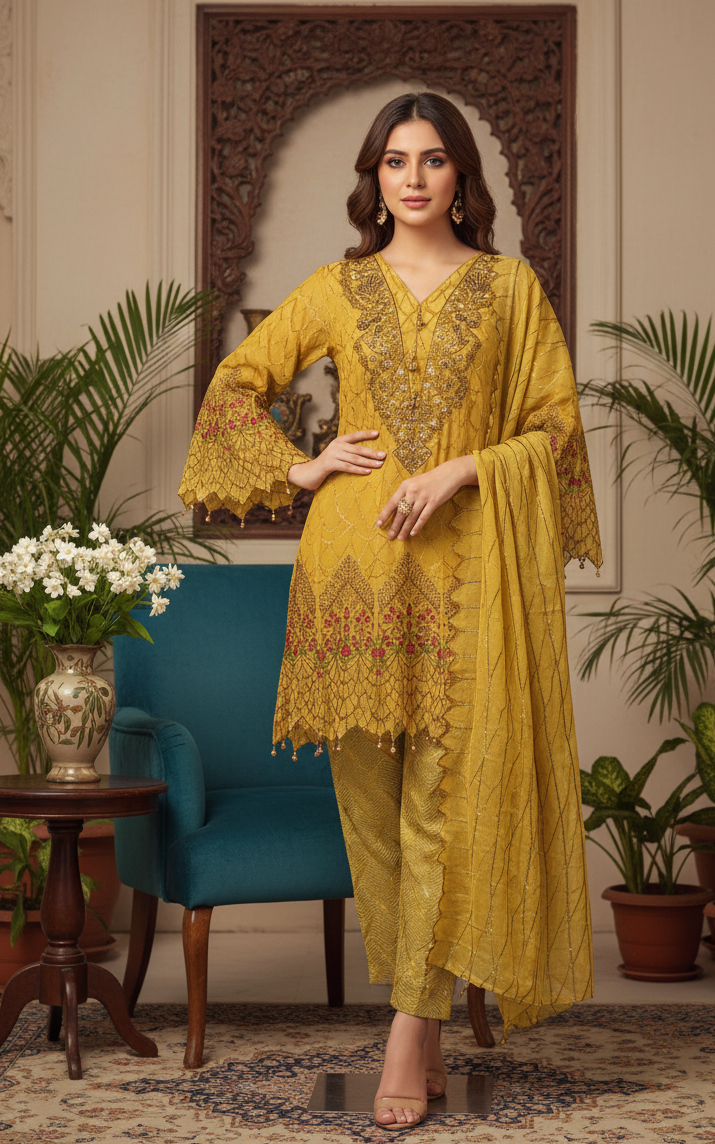 LAMISSA |3-PIECE CHIFFON EMBRODIERED FROCK MMG-770