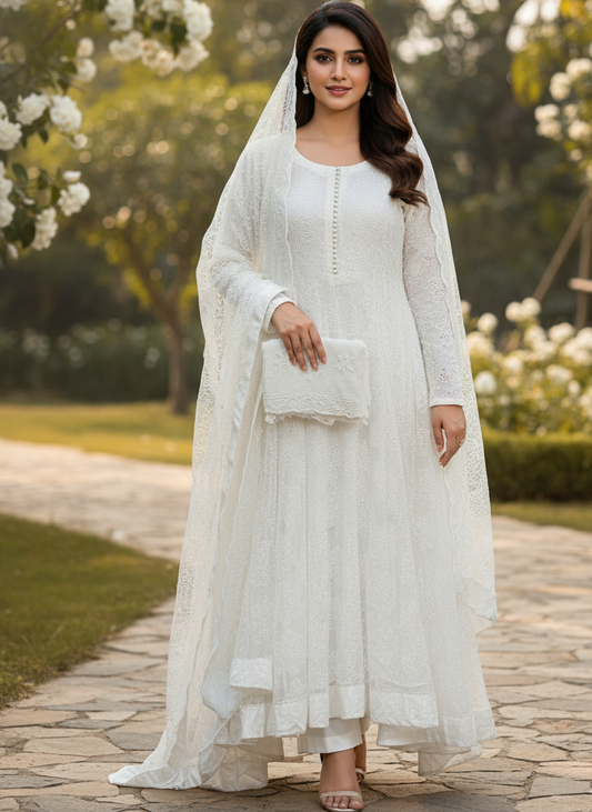 WHITE NOOR|ORGANZA NET EMBROIDERED MAXI