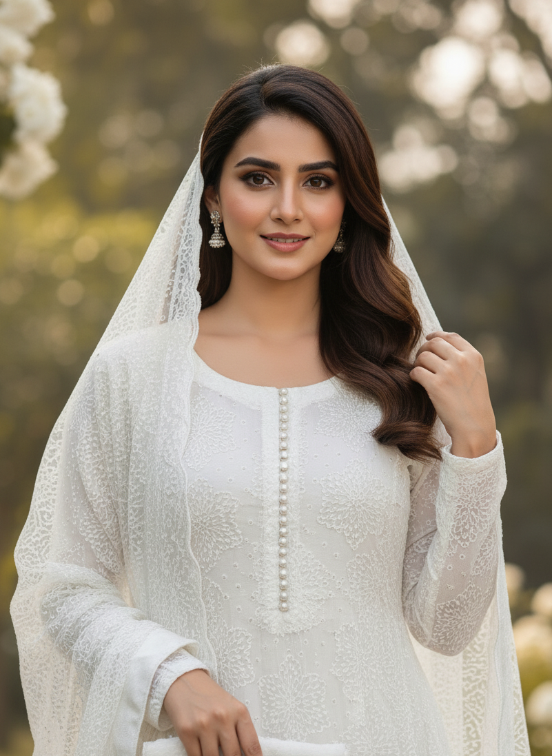 WHITE NOOR|ORGANZA NET EMBROIDERED MAXI