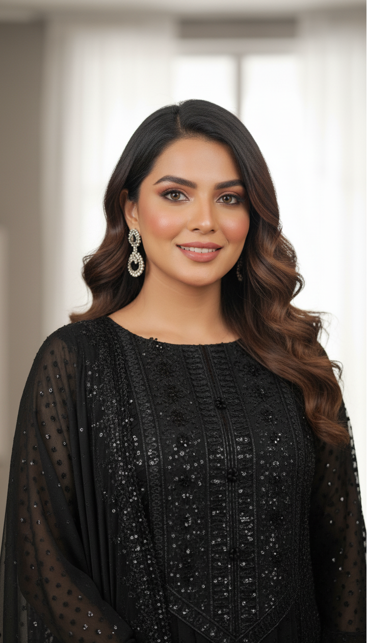 ZAR E HUSN|3-PIECE CHIFFON EMB LAYERED FROCK BLACK MMG-906