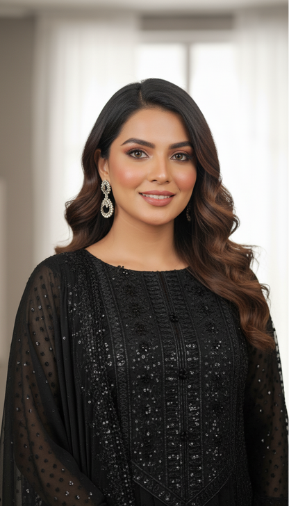 ZAR E HUSN|3-PIECE CHIFFON EMB LAYERED FROCK BLACK MMG-906