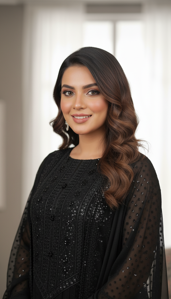 ZAR E HUSN|3-PIECE CHIFFON EMB LAYERED FROCK BLACK MMG-906