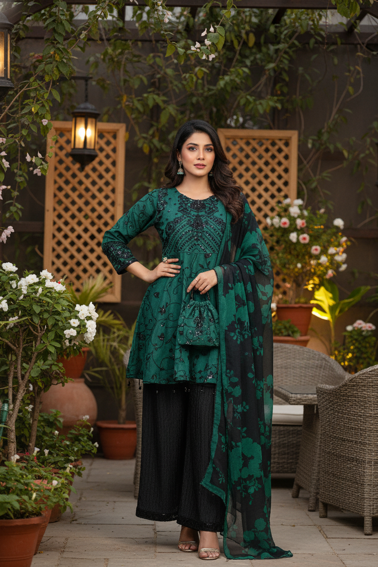 ZAREENAH|BLACK QUOTA ORGANZA EMB FROCK MMG-896