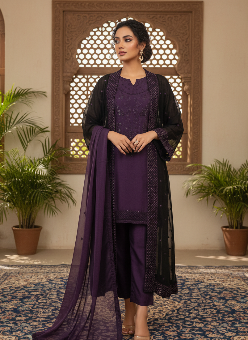 NAYELAH|4-PIECE EMBROIDERED KURTA SET WITH GOWN MMG-