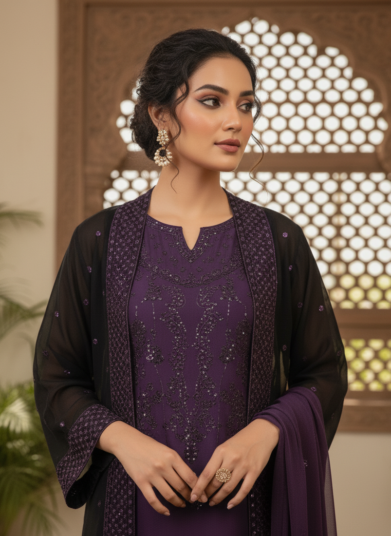 NAYELAH|4-PIECE EMBROIDERED KURTA SET WITH GOWN MMG-