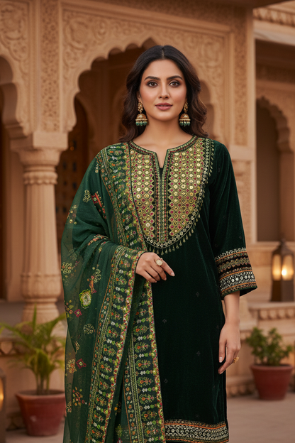 NOOR E JAHAN|3-PIECE VELVET EMB KURTA SET GREEN MMG-011