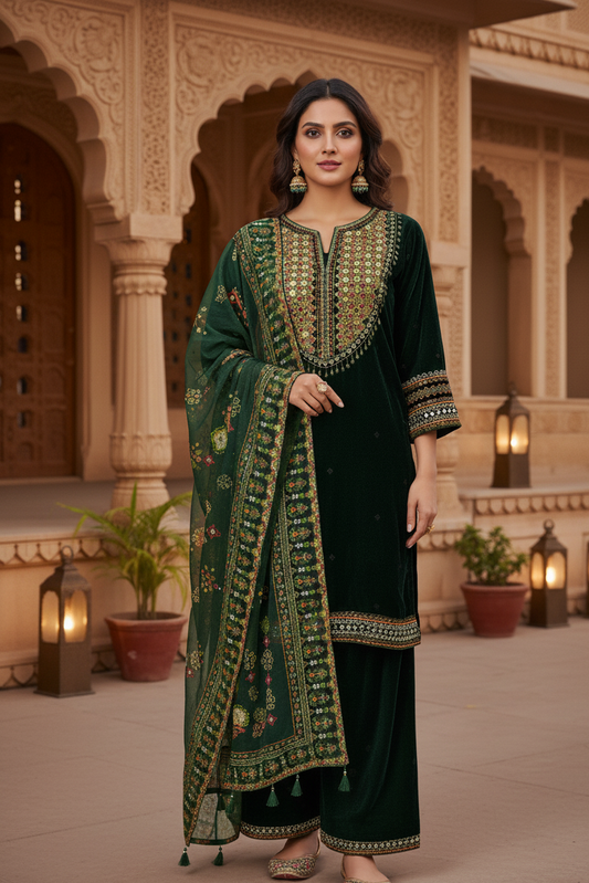 NOOR E JAHAN|3-PIECE VELVET EMB KURTA SET GREEN MMG-011