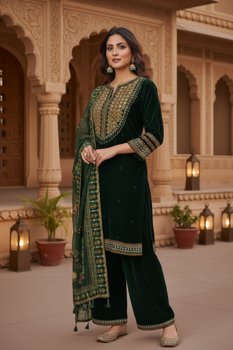 NOOR E JAHAN|3-PIECE VELVET EMB KURTA SET GREEN MMG-011