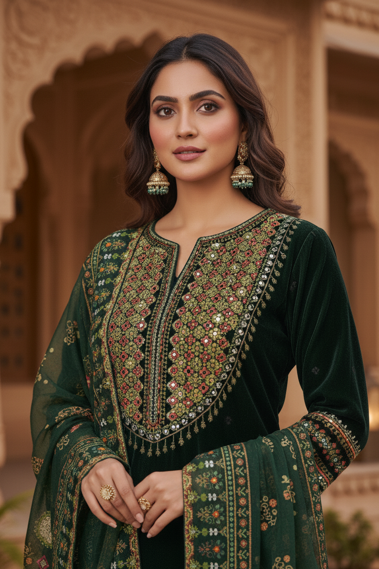 NOOR E JAHAN|3-PIECE VELVET EMB KURTA SET GREEN MMG-011