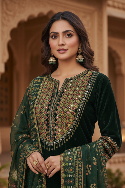 NOOR E JAHAN|3-PIECE VELVET EMB KURTA SET GREEN MMG-011