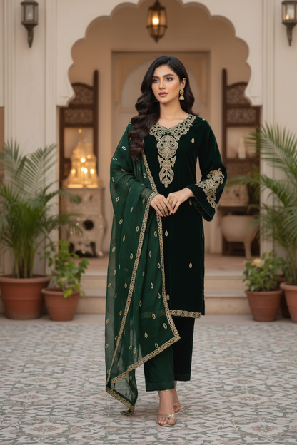 SHAHI ADAA|VELVET EMBROIDERED KURTA SET MMG-05
