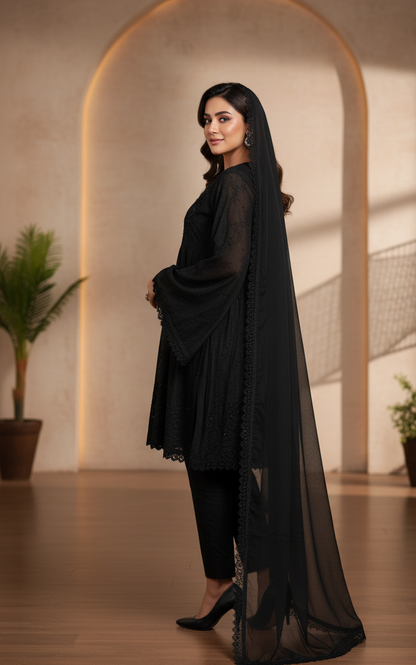 SHABNOOR|3-PIECE LAYERED CHIKANKARI EMB FROCK BLACK MMG-867