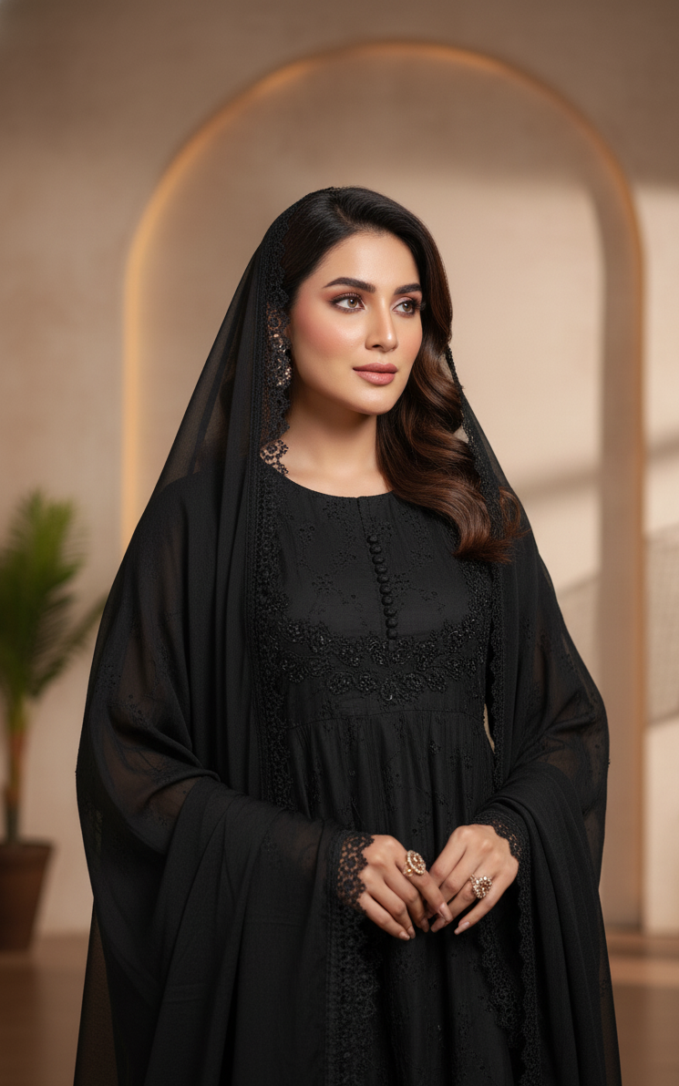 SHABNOOR|3-PIECE LAYERED CHIKANKARI EMB FROCK BLACK MMG-867