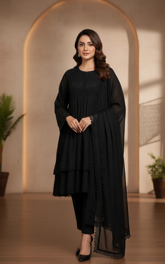 SHABNOOR|3-PIECE LAYERED CHIKANKARI EMB FROCK BLACK MMG-867
