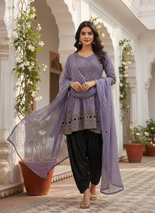 MEHRUNNISA|3-PIECE CHIFFON FROCK PURPLE MMG-1006