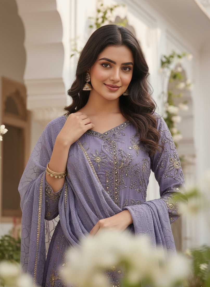 MEHRUNNISA|3-PIECE CHIFFON FROCK PURPLE MMG-1006