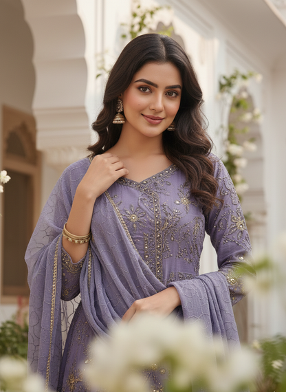 MEHRUNNISA|3-PIECE CHIFFON FROCK PURPLE MMG-1006