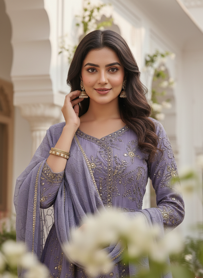 MEHRUNNISA|3-PIECE CHIFFON FROCK PURPLE MMG-1006